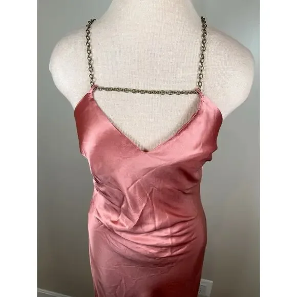 CULT GAIA Kirya Jaipur Gold Chain Halter Neck Pink Satin Maxi Gown Size Small - Picture 4 of 10